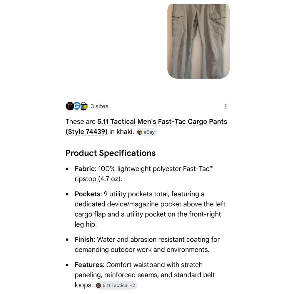 5.11 Tactical Mens Fast-Tac Cargo Pants 36x31 Khaki Ripstop 74439 Utility Work